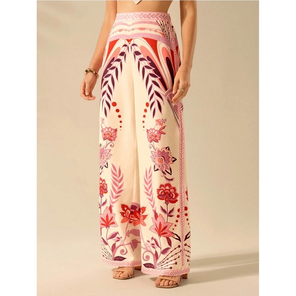 Boho Floral Print Stretchy Waist Straight Leg Pants - Picture 1 of 5
